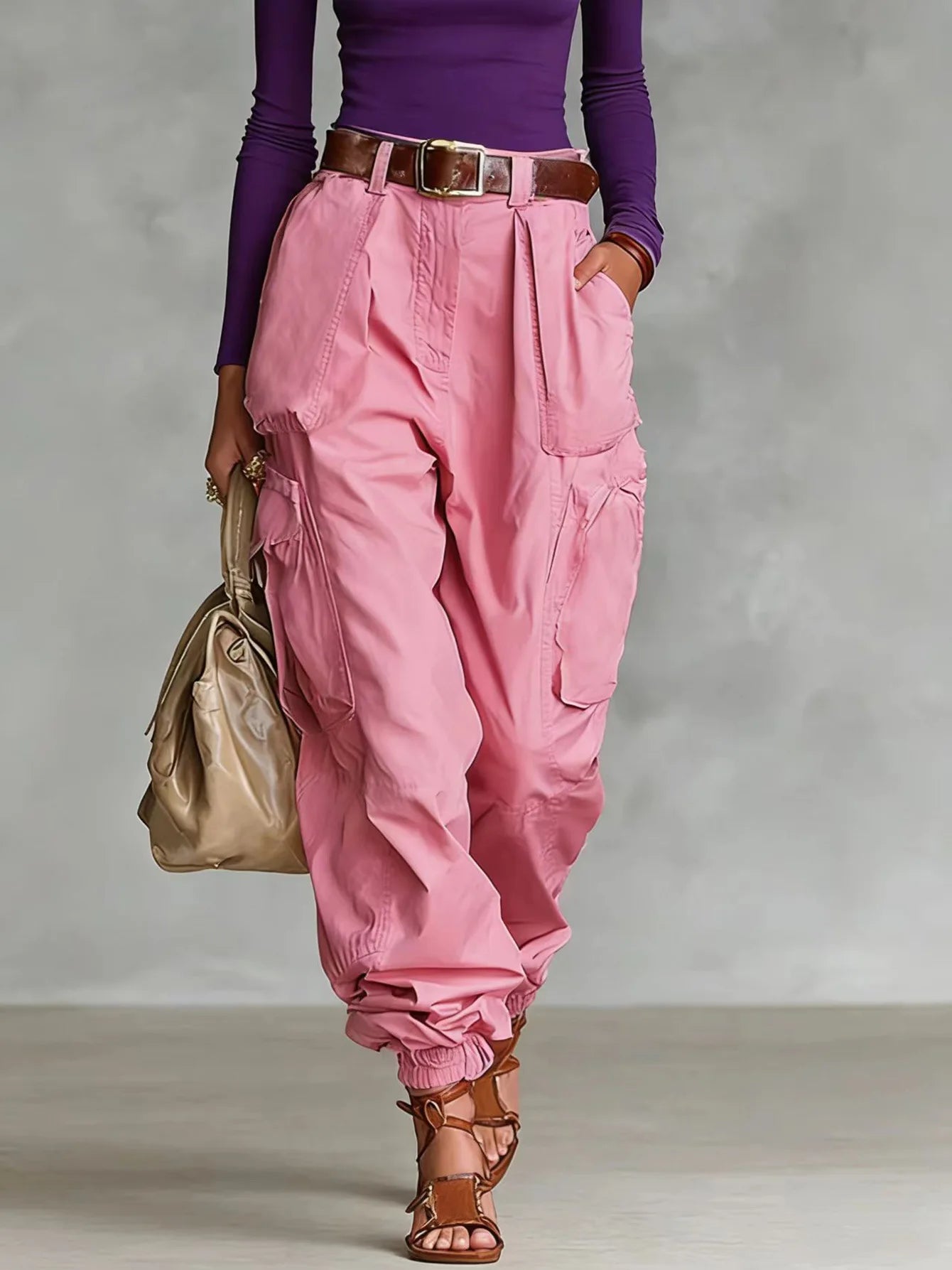Pantalón Cargo Mujer Pierna Ancha con Bolsillos Casual Holgado