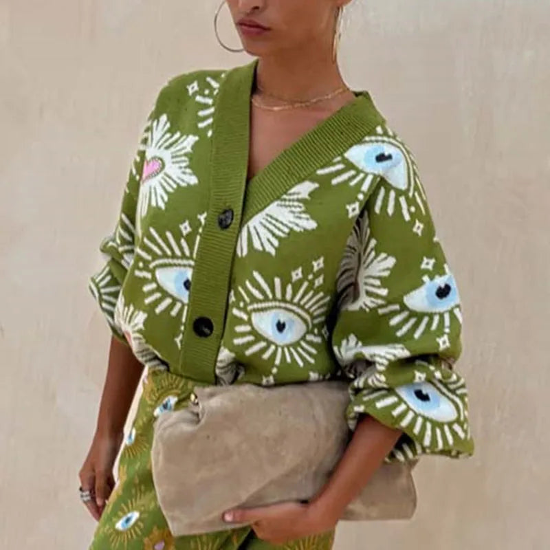 Cárdigan de Punto Mujer Cuello en V con Botones Estampado Vintage