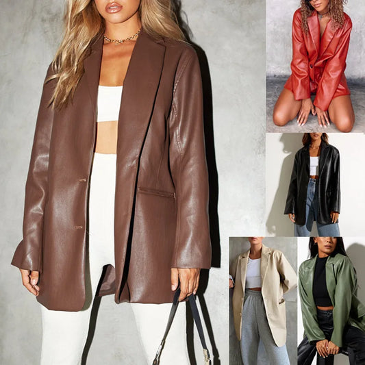 Chaqueta de Cuero Sintético para Mujer Elegante Casual de Otoño