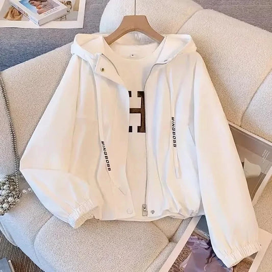 Chaqueta Corta con Capucha para Mujer Cortavientos Casual con Cremallera