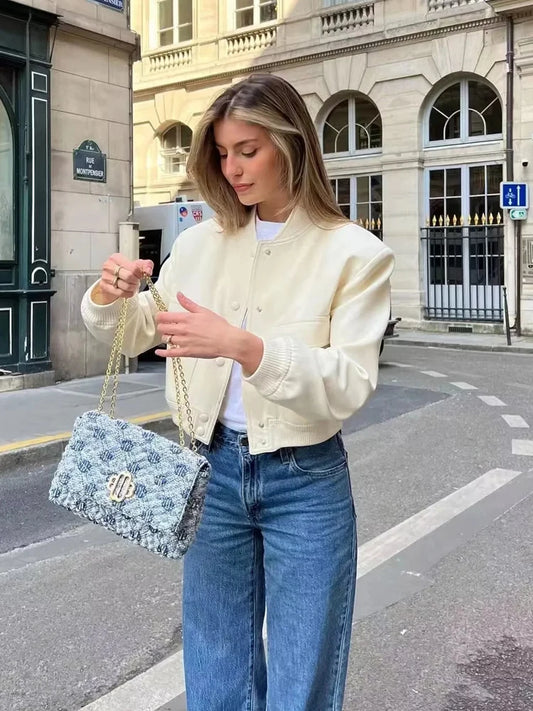 Chaqueta Bomber para Mujer Corta con Botones Estilo Casual Elegante