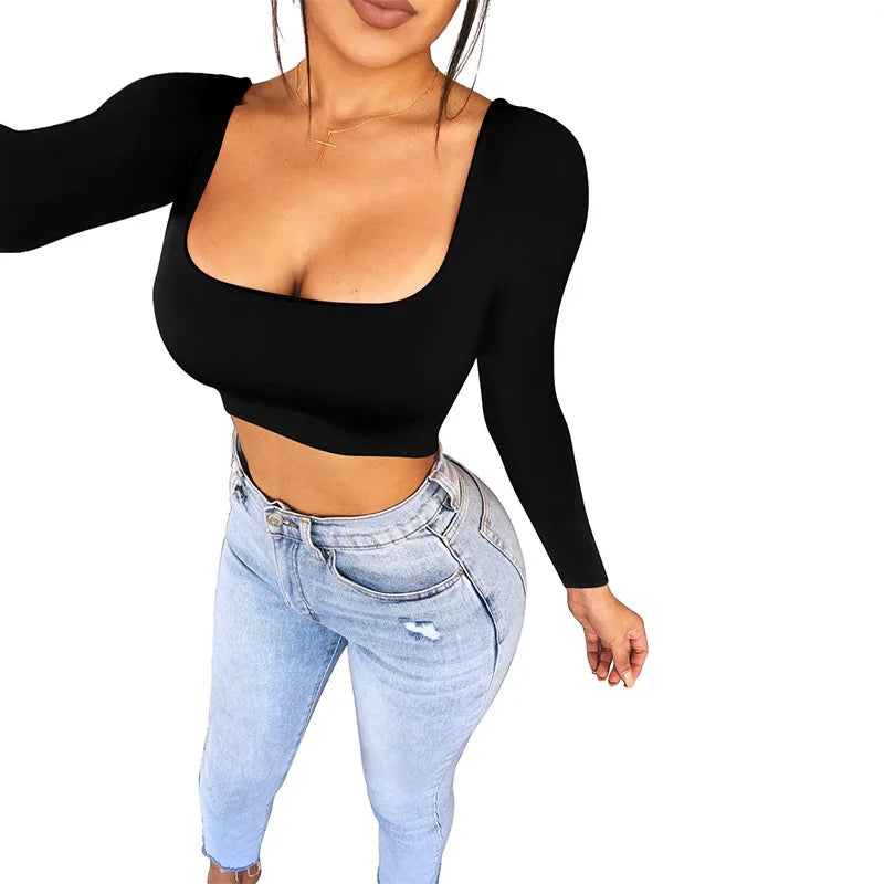 Top Crop Mujer Manga Larga Cuello Cuadrado Camiseta Ajustada