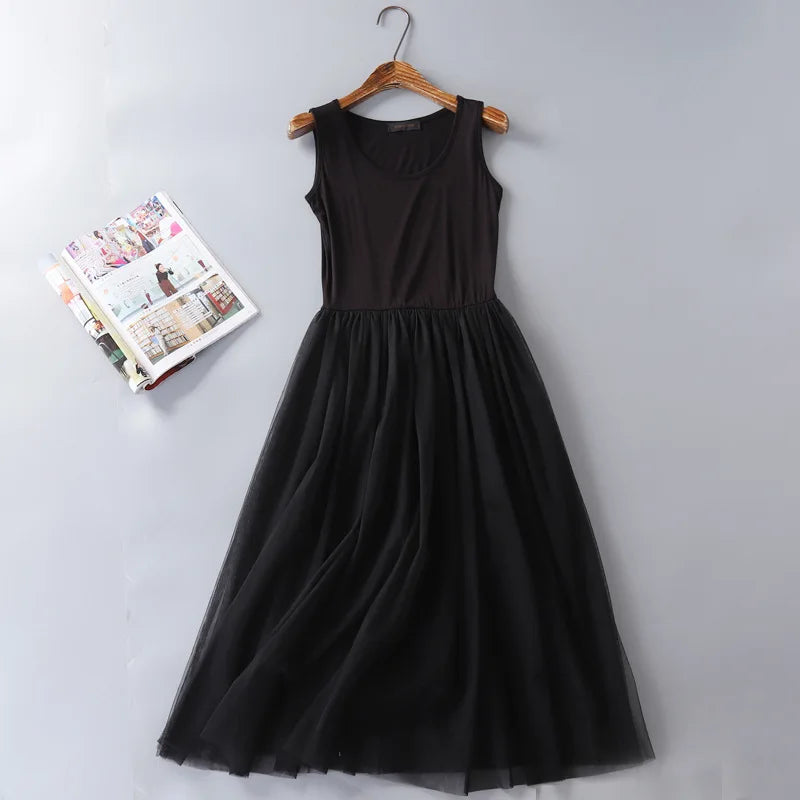 Vestido Midi de Tul para Mujer sin Mangas con Cintura Elástica Elegante