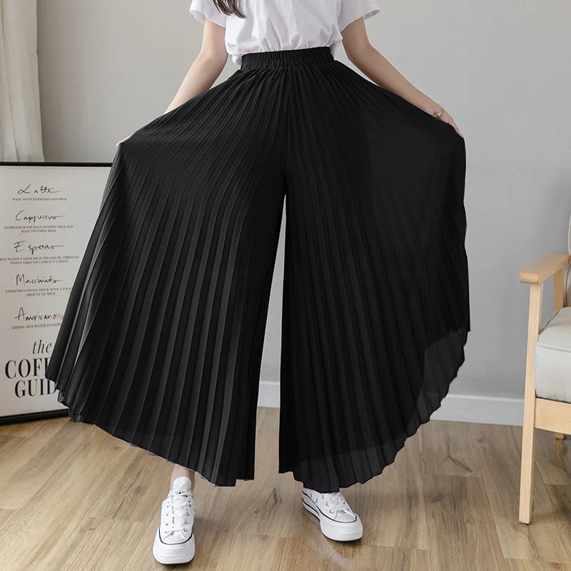 Pantalón Mujer Plisado de Pierna Ancha con Cintura Alta Elástica