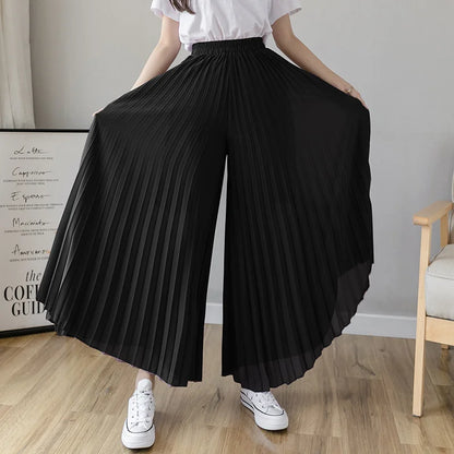 Pantalón Mujer Plisado de Pierna Ancha con Cintura Alta Elástica