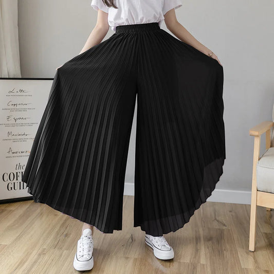 Pantalón Mujer Plisado de Pierna Ancha con Cintura Alta Elástica