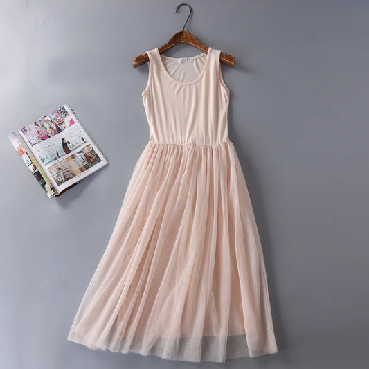 Vestido Midi de Tul para Mujer sin Mangas con Cintura Elástica Elegante