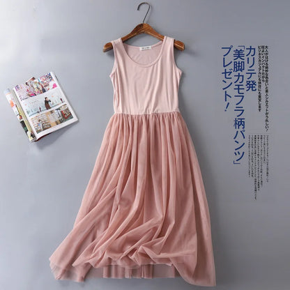 Vestido Midi de Tul para Mujer sin Mangas con Cintura Elástica Elegante