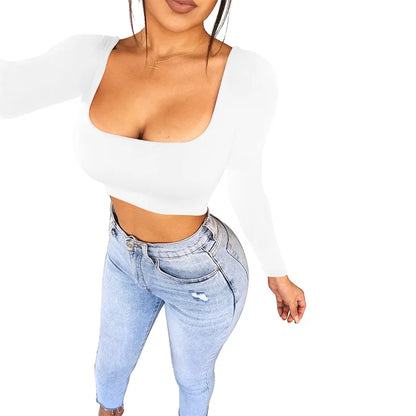 Top Crop Mujer Manga Larga Cuello Cuadrado Camiseta Ajustada