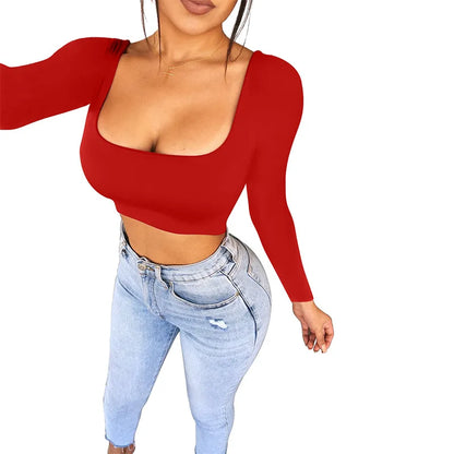 Top Crop Mujer Manga Larga Cuello Cuadrado Camiseta Ajustada