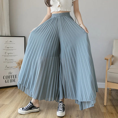 Pantalón Mujer Plisado de Pierna Ancha con Cintura Alta Elástica