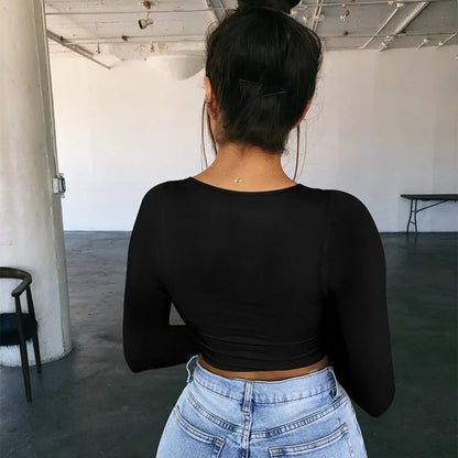 Top Crop Mujer Manga Larga Cuello Cuadrado Camiseta Ajustada