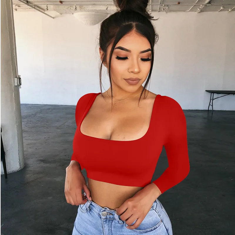 Top Crop Mujer Manga Larga Cuello Cuadrado Camiseta Ajustada