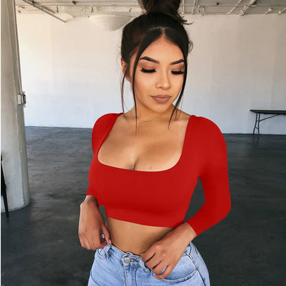 Top Crop Mujer Manga Larga Cuello Cuadrado Camiseta Ajustada