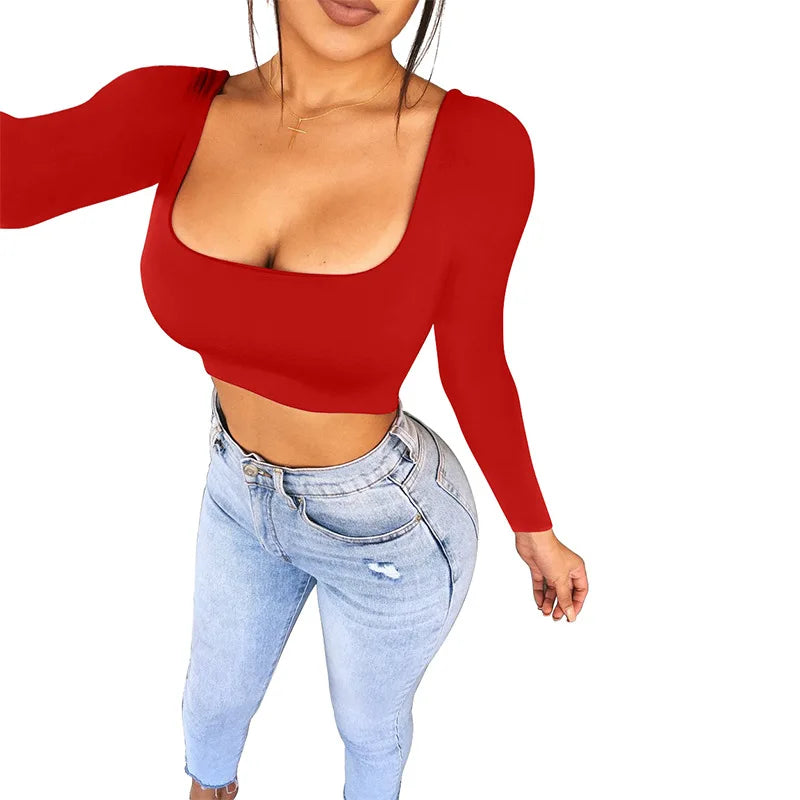 Top Crop Mujer Manga Larga Cuello Cuadrado Camiseta Ajustada