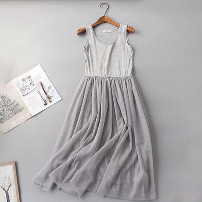 Vestido Midi de Tul para Mujer sin Mangas con Cintura Elástica Elegante