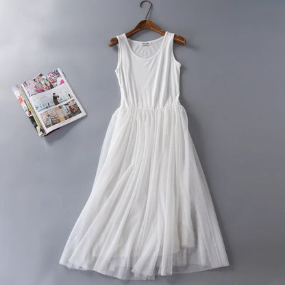 Vestido Midi de Tul para Mujer sin Mangas con Cintura Elástica Elegante