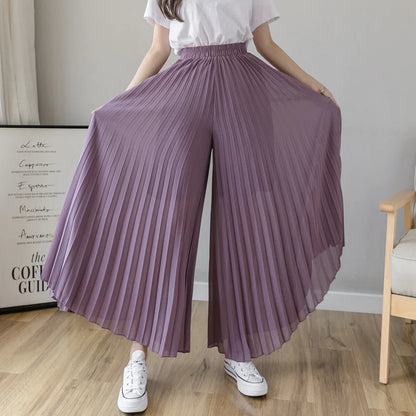 Pantalón Mujer Plisado de Pierna Ancha con Cintura Alta Elástica