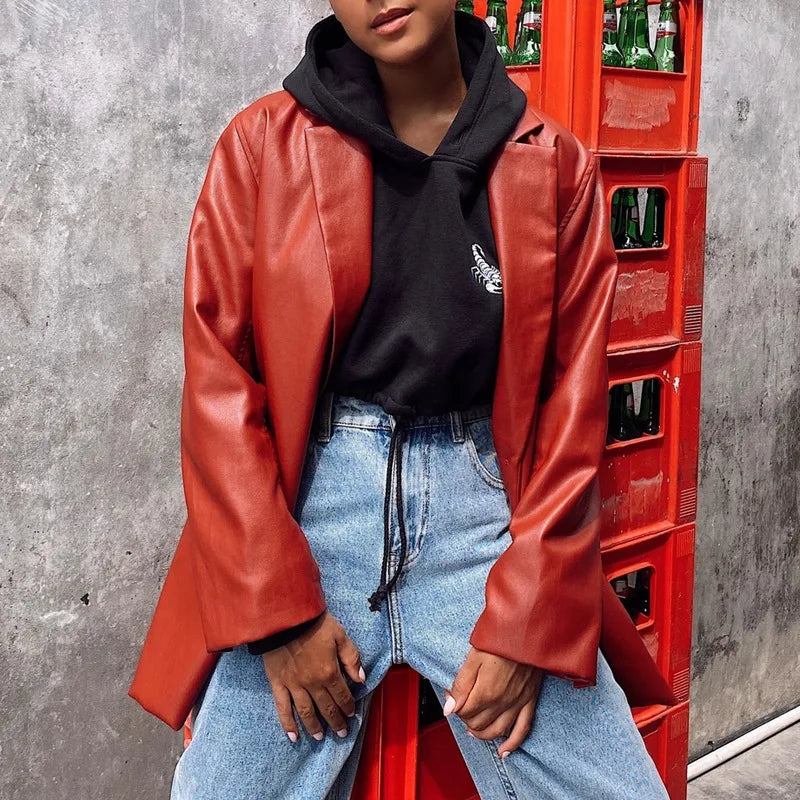Chaqueta de Cuero Sintético para Mujer Elegante Casual de Otoño
