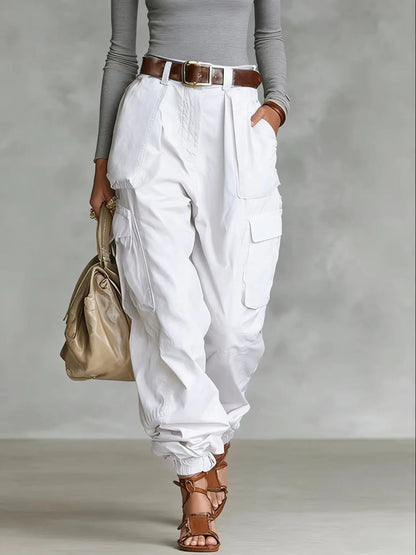 Pantalón Cargo Mujer Pierna Ancha con Bolsillos Casual Holgado