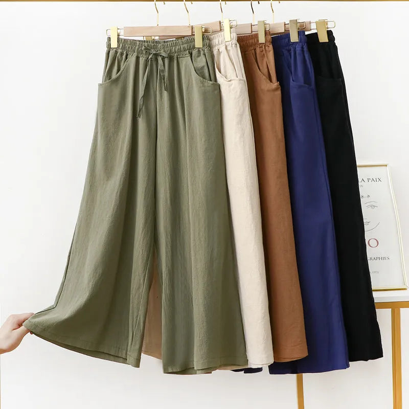 Pantalón Mujer de Lino y Algodón Pierna Ancha con Cintura Elástica