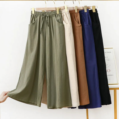 Pantalón Mujer de Lino y Algodón Pierna Ancha con Cintura Elástica