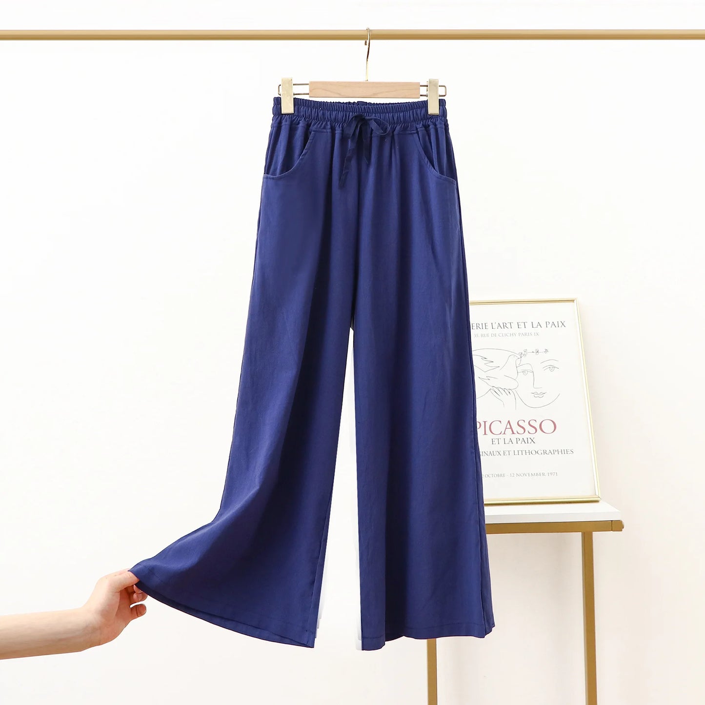 Pantalón Mujer de Lino y Algodón Pierna Ancha con Cintura Elástica