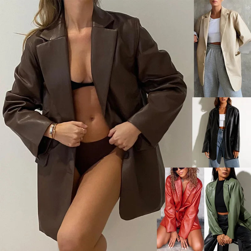 Chaqueta de Cuero Sintético para Mujer Elegante Casual de Otoño