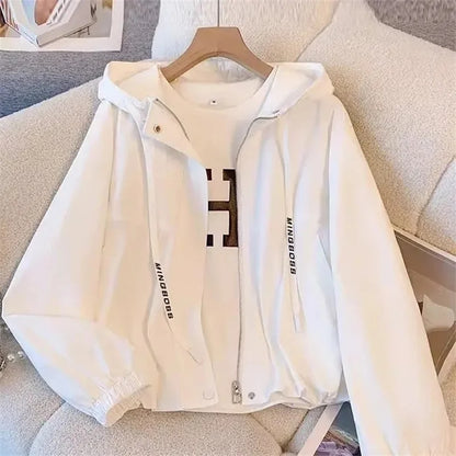 Chaqueta Corta con Capucha para Mujer Cortavientos Casual con Cremallera