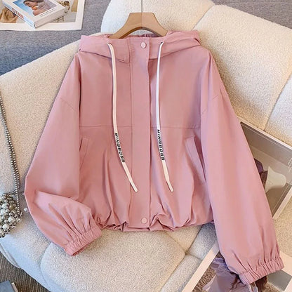 Chaqueta Corta con Capucha para Mujer Cortavientos Casual con Cremallera