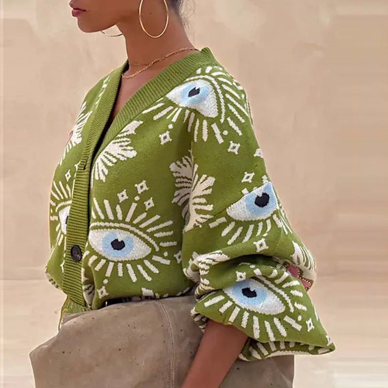 Cárdigan de Punto Mujer Cuello en V con Botones Estampado Vintage