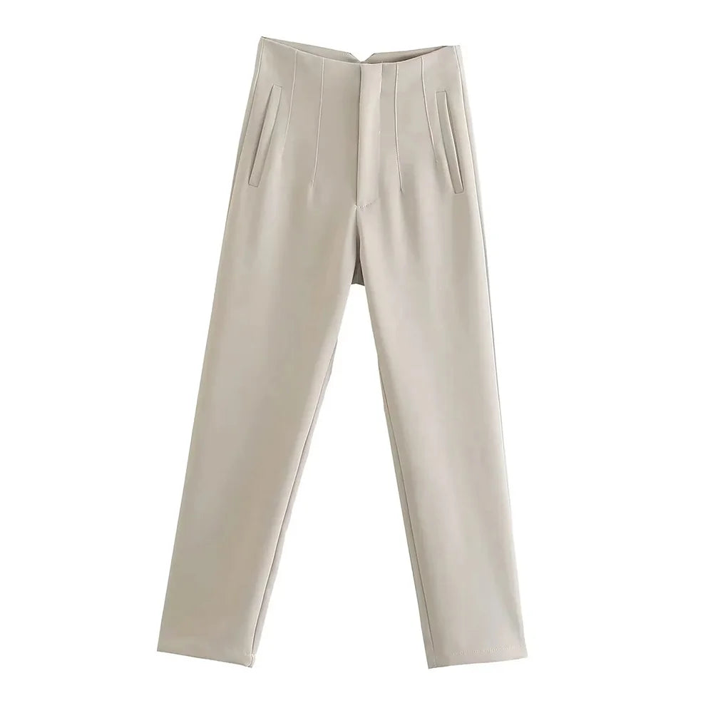 Pantalón Mujer Cintura Alta Recto con Bolsillos hasta el Tobillo