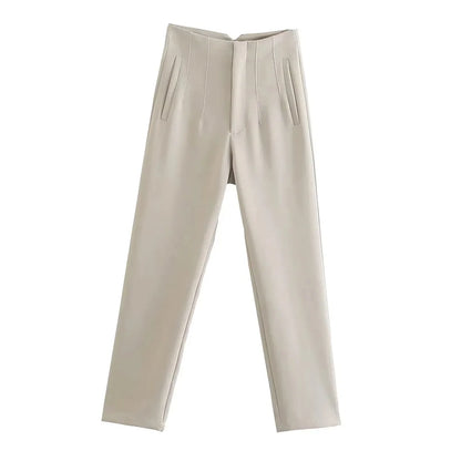Pantalón Mujer Cintura Alta Recto con Bolsillos hasta el Tobillo