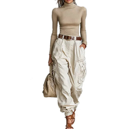 Pantalón Cargo Mujer Pierna Ancha con Bolsillos Casual Holgado