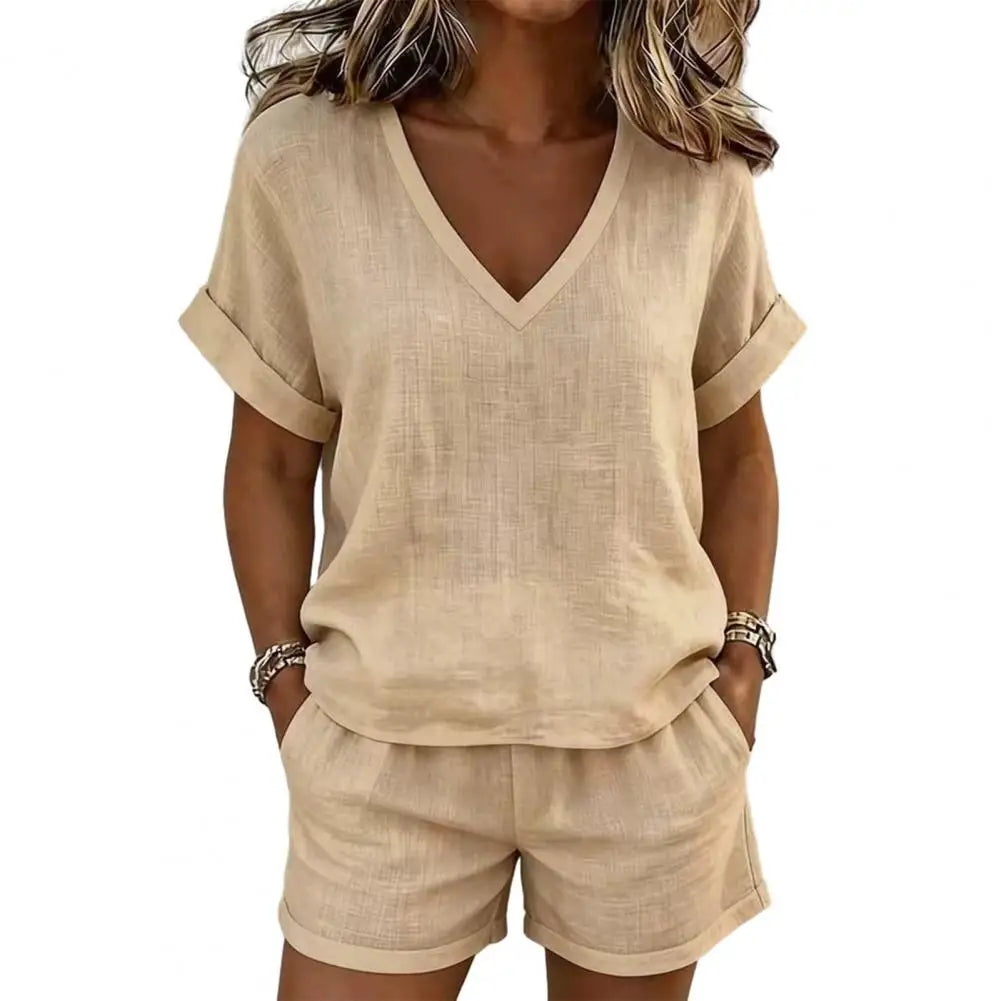 Conjunto de Mujer Verano 2 Piezas con Cuello en V y Shorts Casuales