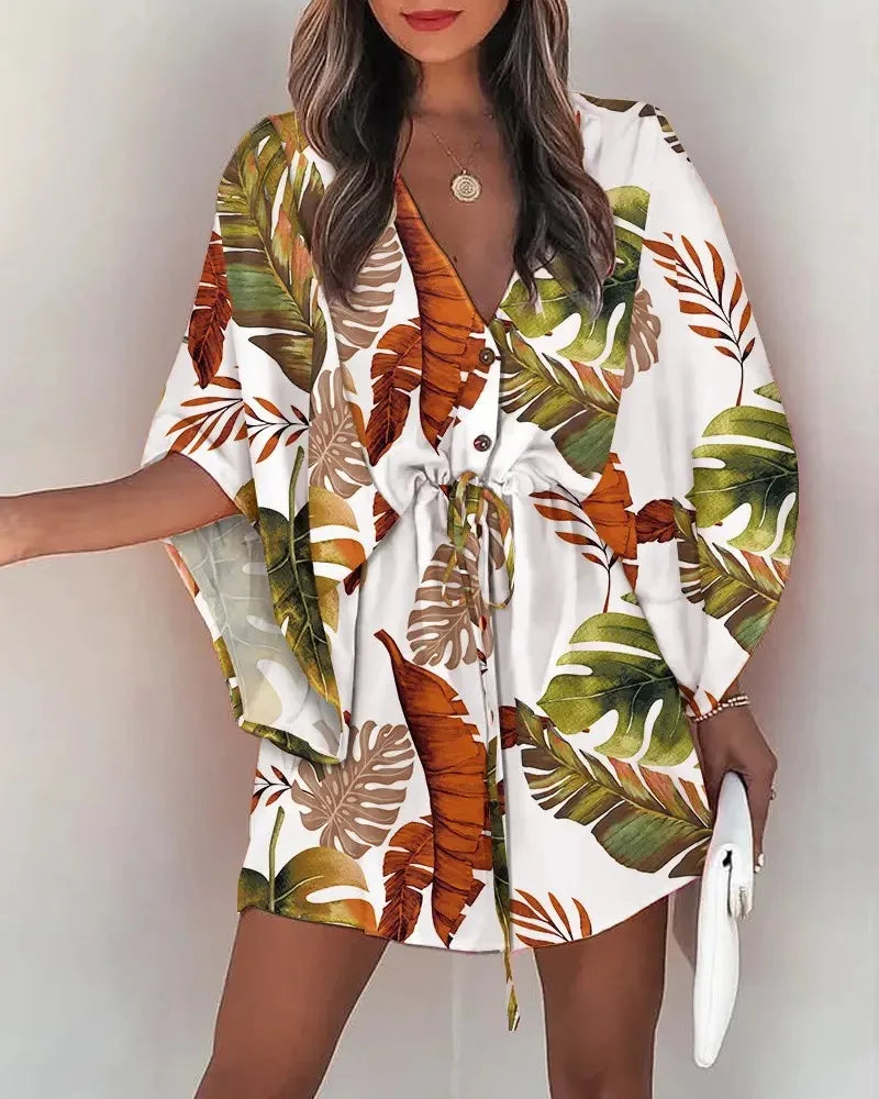 Vestido de Mujer Estampado Floral con Cuello en V y Manga 3/4