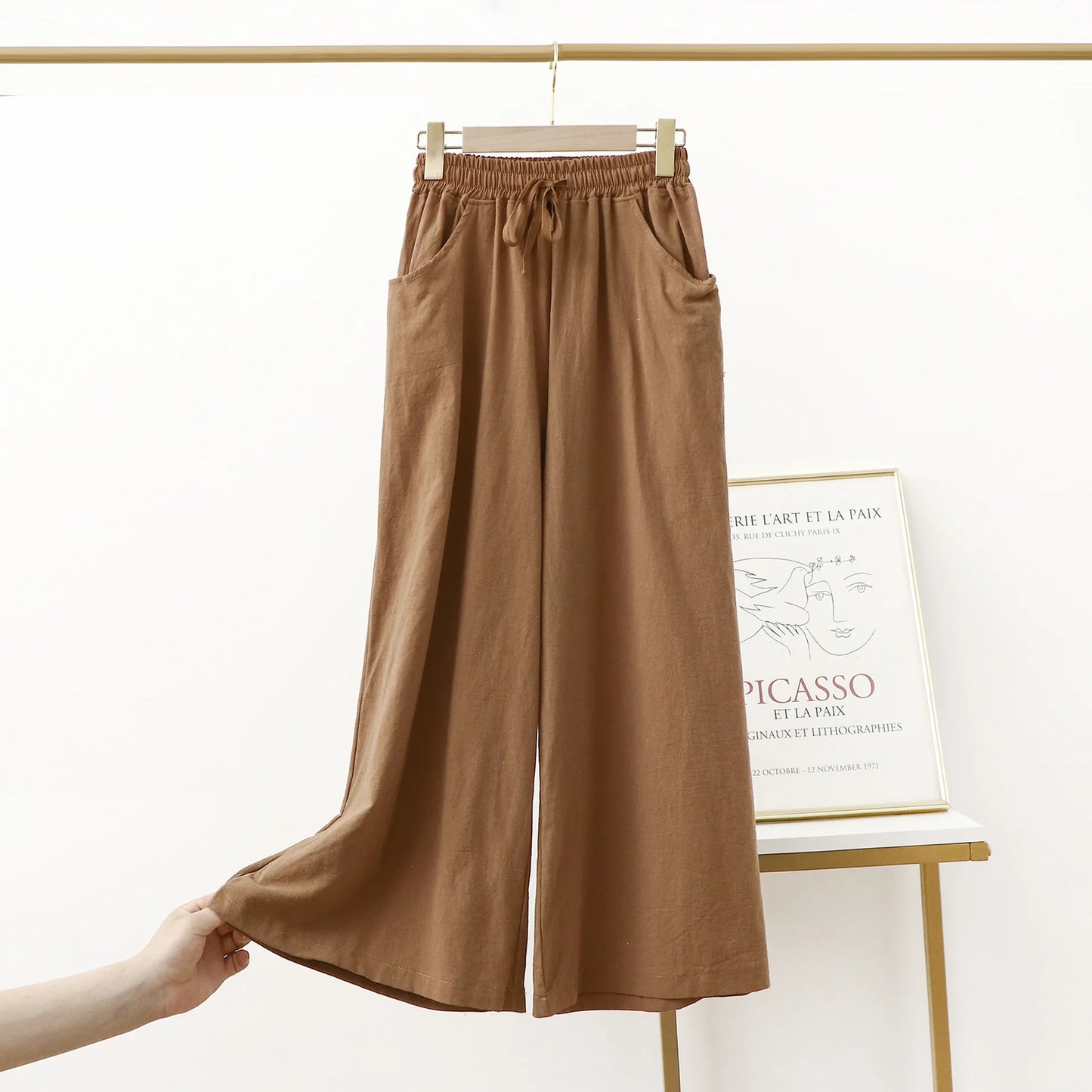Pantalón Mujer de Lino y Algodón Pierna Ancha con Cintura Elástica