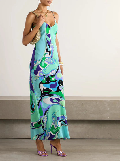 Vestido Largo para Mujer con Tirantes Cuello en V y Estampado Moderno