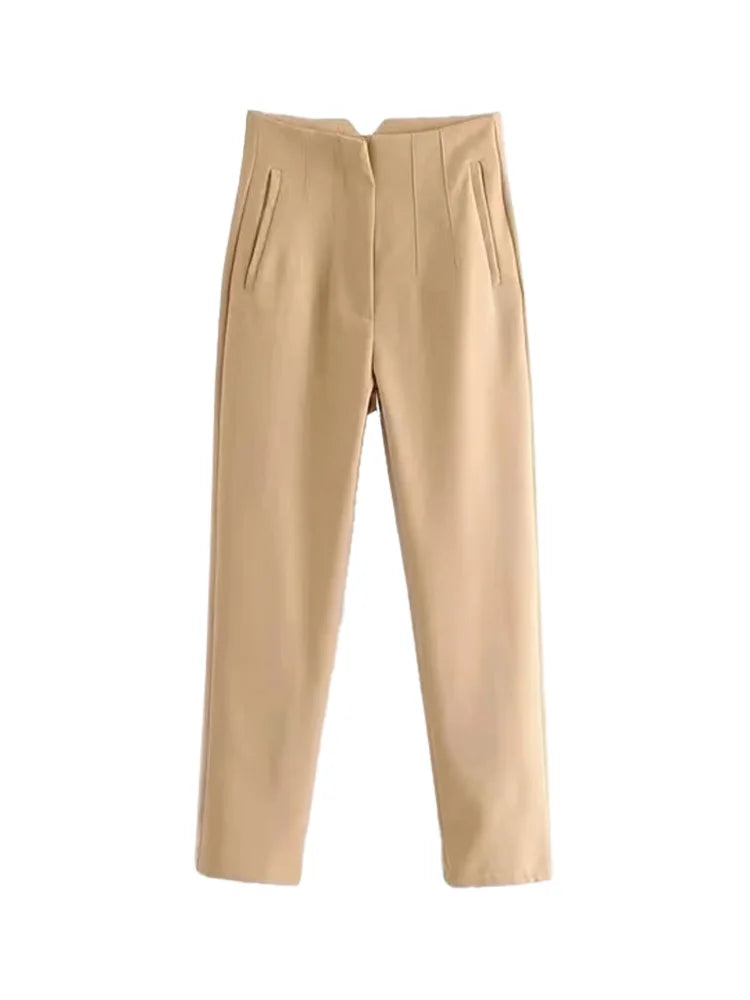 Pantalón Mujer Cintura Alta Recto con Bolsillos hasta el Tobillo