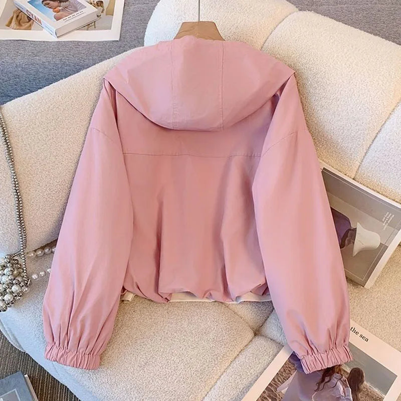Chaqueta Corta con Capucha para Mujer Cortavientos Casual con Cremallera