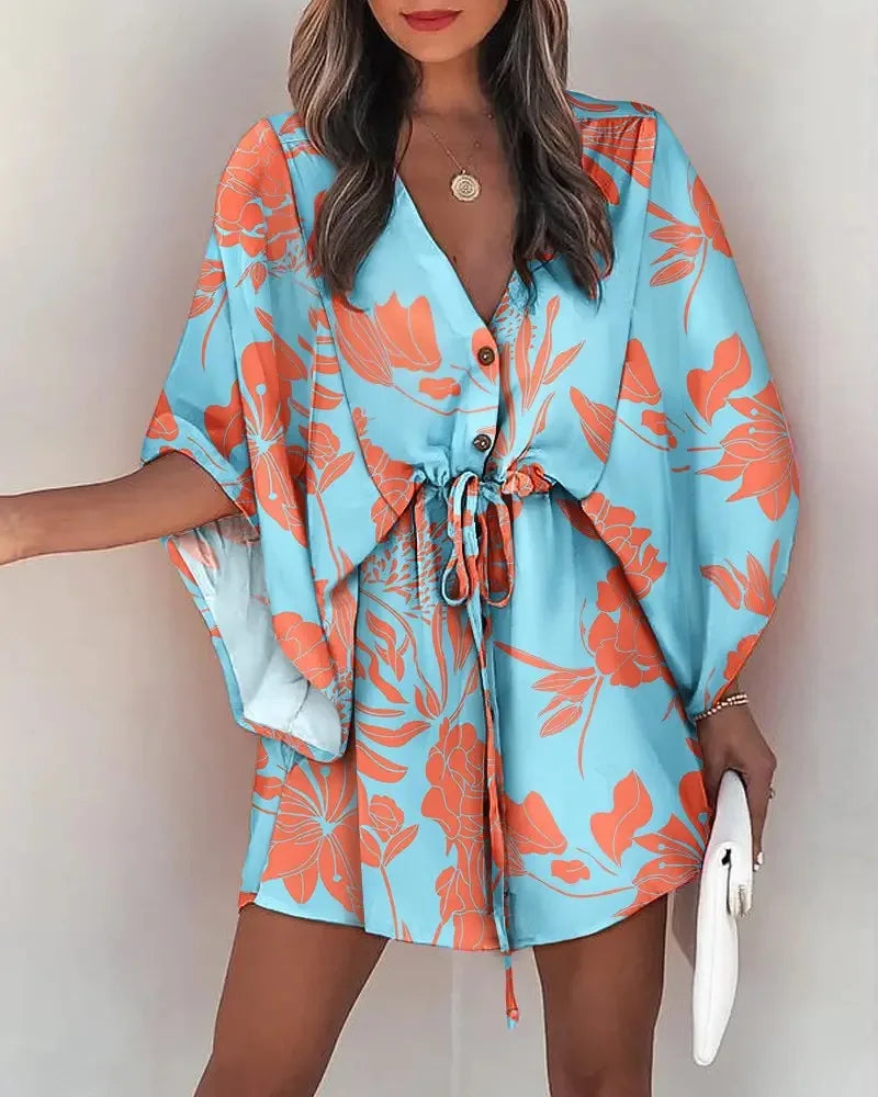 Vestido de Mujer Estampado Floral con Cuello en V y Manga 3/4