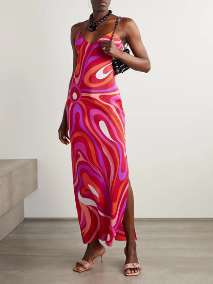 Vestido Largo para Mujer con Tirantes Cuello en V y Estampado Moderno