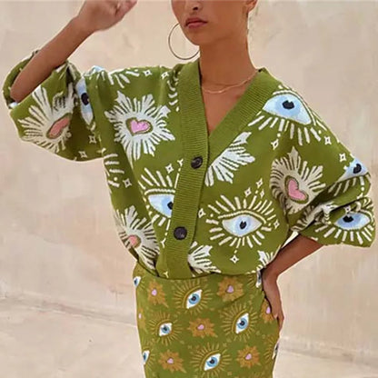 Cárdigan de Punto Mujer Cuello en V con Botones Estampado Vintage