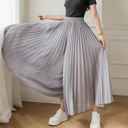 Pantalón Mujer Plisado de Pierna Ancha con Cintura Alta Elástica