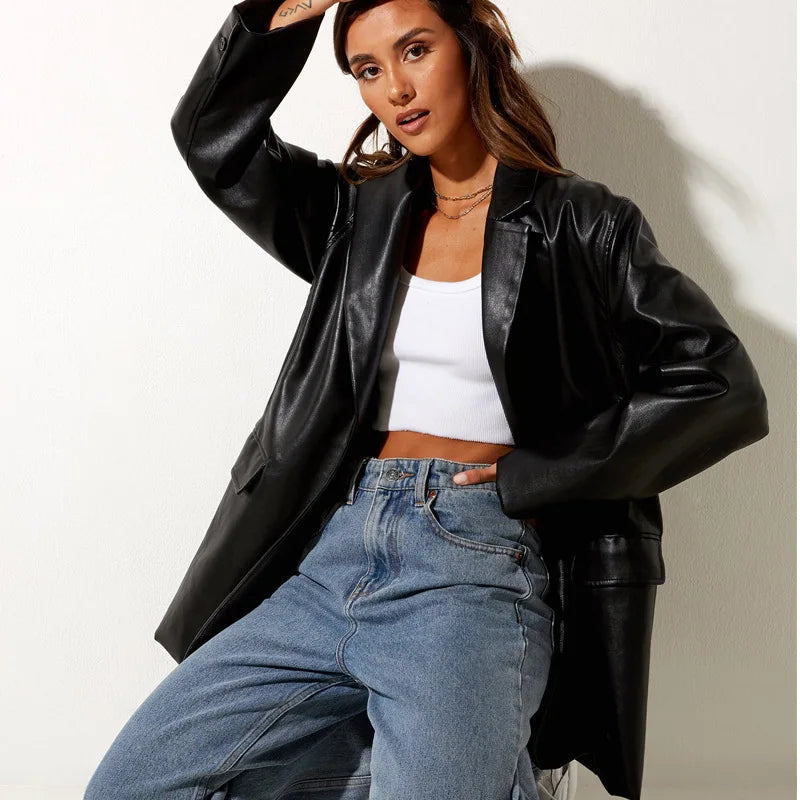 Chaqueta de Cuero Sintético para Mujer Elegante Casual de Otoño