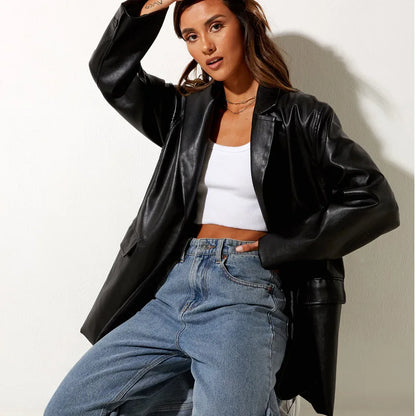 Chaqueta de Cuero Sintético para Mujer Elegante Casual de Otoño