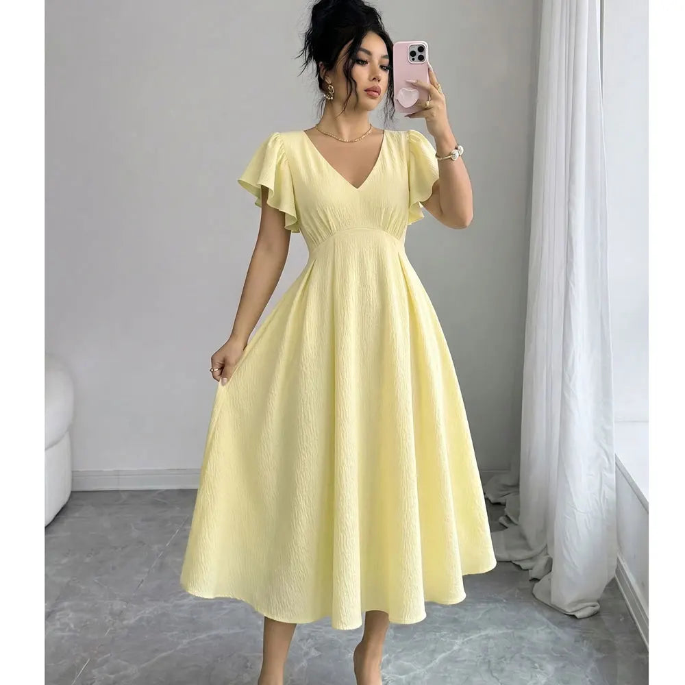 Vestido Midi de Verano para Mujer con Cuello en V Corte en A Elegante