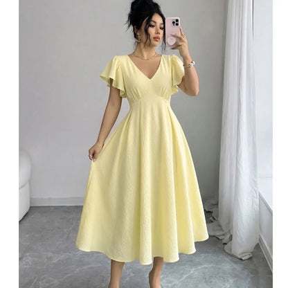 Vestido Midi de Verano para Mujer con Cuello en V Corte en A Elegante