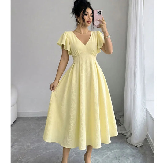 Vestido Midi de Verano para Mujer con Cuello en V Corte en A Elegante