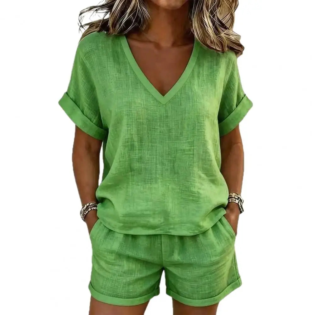 Conjunto de Mujer Verano 2 Piezas con Cuello en V y Shorts Casuales